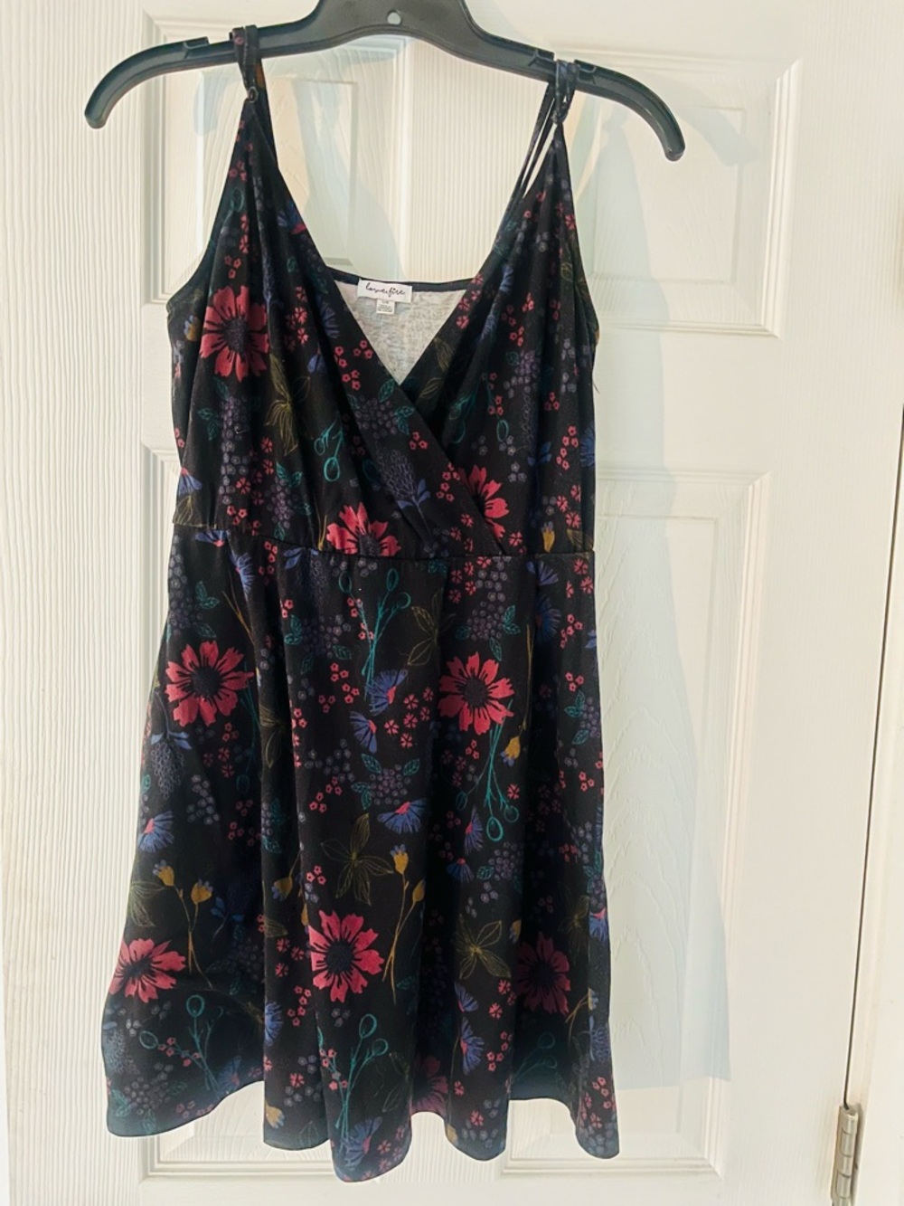 Black Floral V-Neck Sundress with Pink & Teal Accents